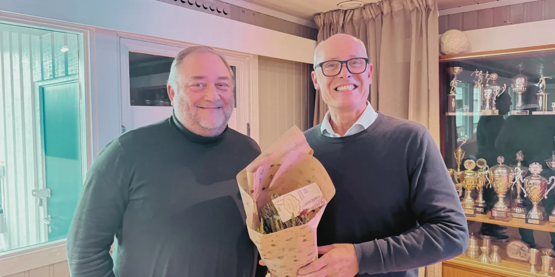 Thomas Næss og Tore Arntzen i Aktium Eiendom hvor Tore holdt innlegg om Aktium Eiendoms historie og fremtidsplaner
